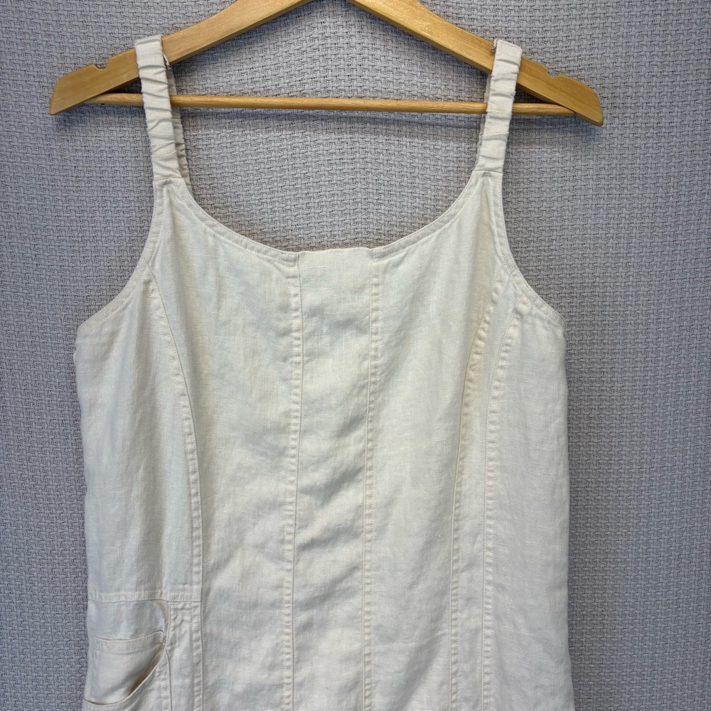 J Jill Cream 100% Linen 12 Sleeveless Shift Dress Minimalist Relax Travel Pocket - Picture 2 of 8